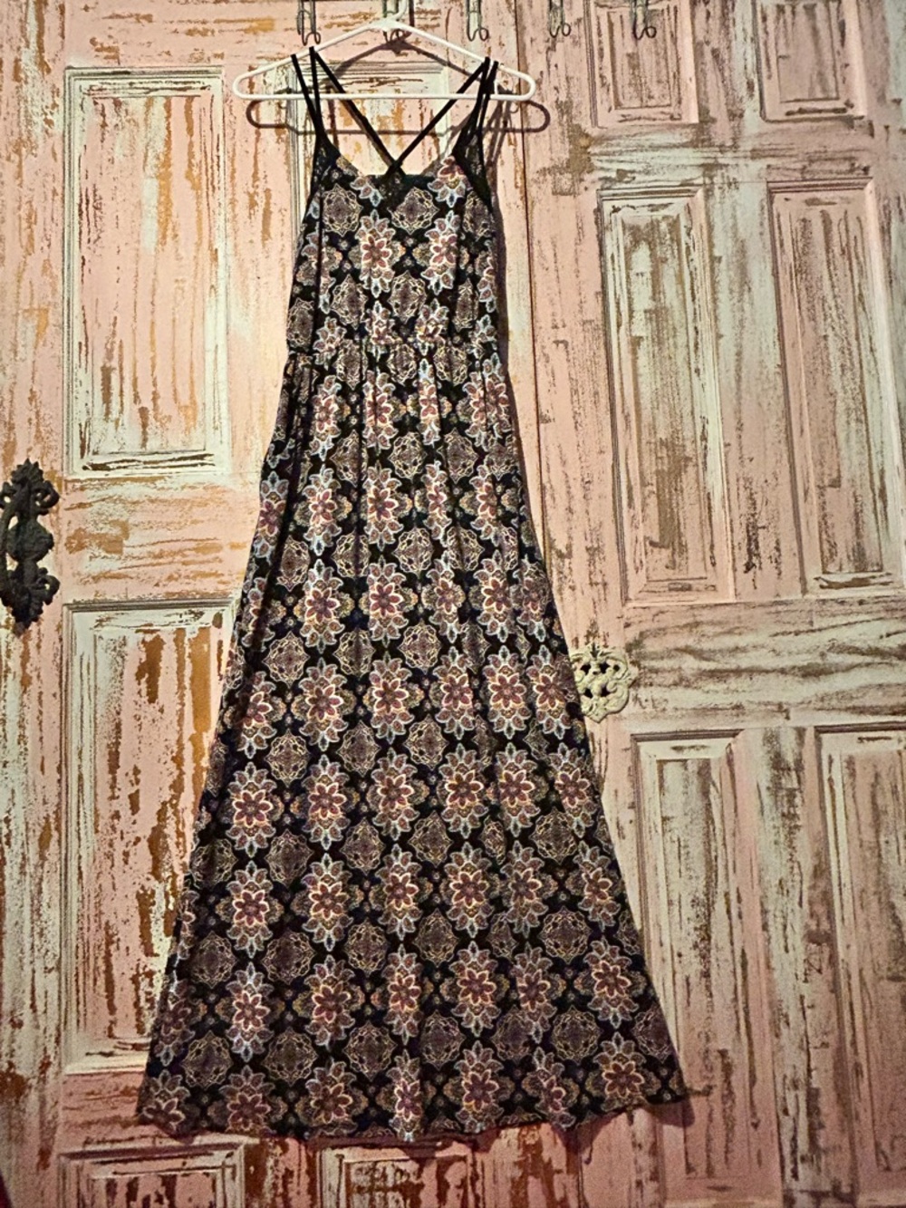 Xhilaration Black Maxi Dress with Red and blue Floral paisley Medallions